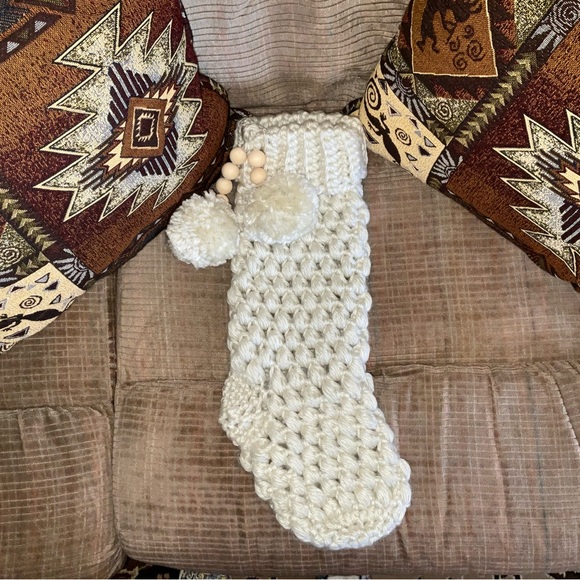 Hand Crafted Other - Hand Crafted Crochet Christmas Stocking Cream Stringed Beads and Pom Pom’s